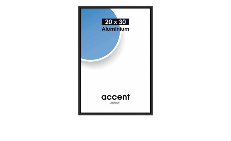 Aluminium-Bilderrahmen Accent 20 x 30 cm mit einem schwarz matten Rahmen und transparenten Glas.