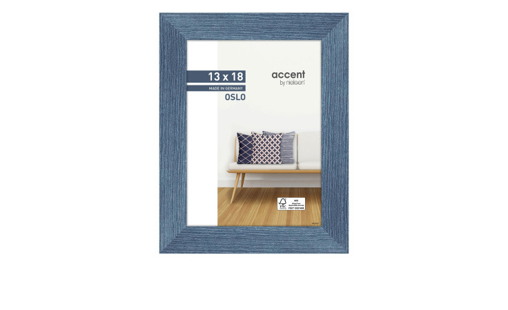 Holz-Bilderrahmen Oslo 13 x 18 cm mit einem blauen Rahmen und transparenten Glas.