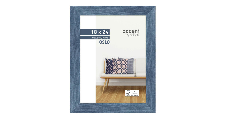 Holz-Bilderrahmen Oslo 18 x 24 cm mit einem blauen Rahmen und transparenten Glas.