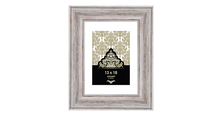 Bilderrahmen Vintage 13 x 18 cm mit einem weiß / braunen Holzbilderrahmen und transparentem Glas.