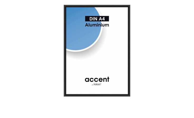 Bilderrahmen Accent 21 x 29,7 cm mit einem schwarzen Aluminiumrahmen und transparentem Glas.