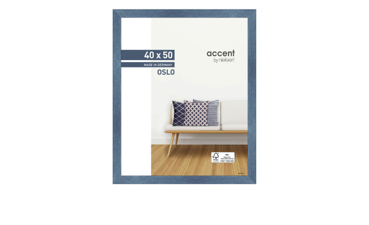 Bilderrahmen Oslo 40 x 50 cm mit einem blauen Holzrahmen und transparentem Glas.