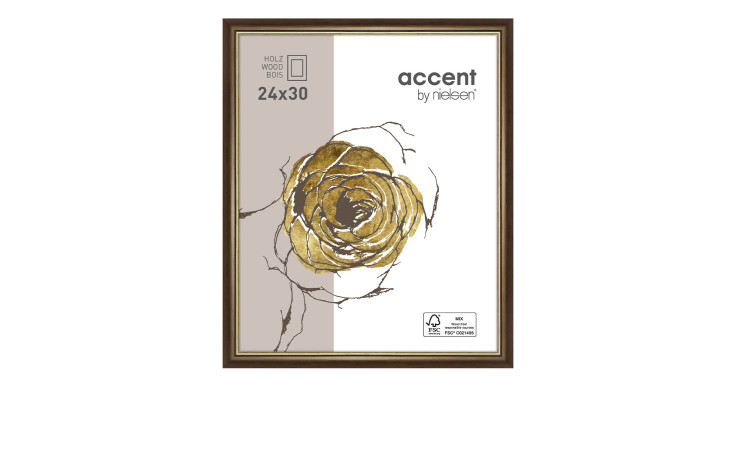 Bilderrahmen Ascot 24 x 30 cm mit einem braunen Holzrahmen mit goldener Absetzung und transparentem Glas.