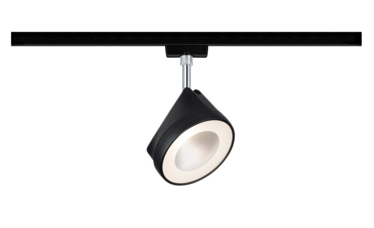Der LED-Schienenspot Arena URail 19 cm in Metall Schwarz mit abgewinkeltem Scheinwerfer und Glühbirne inklusive, auf weißem Hintergrund.