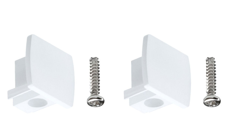 Zwei Universal-Ersatz Endkappen 2er-Set URail aus weißem Kunststoff mit runden Löchern und Metallschrauben.