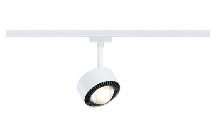 Der LED-Spot Aldan URail 17 cm ist eine weiße Metallschienenleuchte mit verstellbarer Lampe und Leuchtmittel an einer horizontalen Schiene.