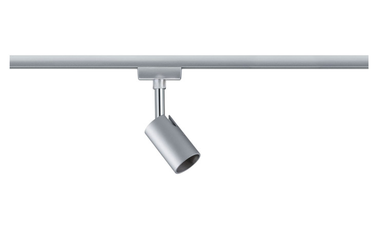Spot URail 11 cm: Silberfarben, zylindrisch, verstellbarer Metall-Spot auf weißem Hintergrund.
