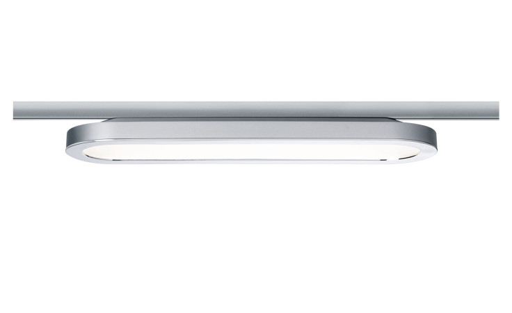 Moderne, ovale LED-Paneel URail 38 cm Deckenleuchte in Silberfarben mit integriertem Leuchtmittel, montiert auf einer horizontalen Stange.