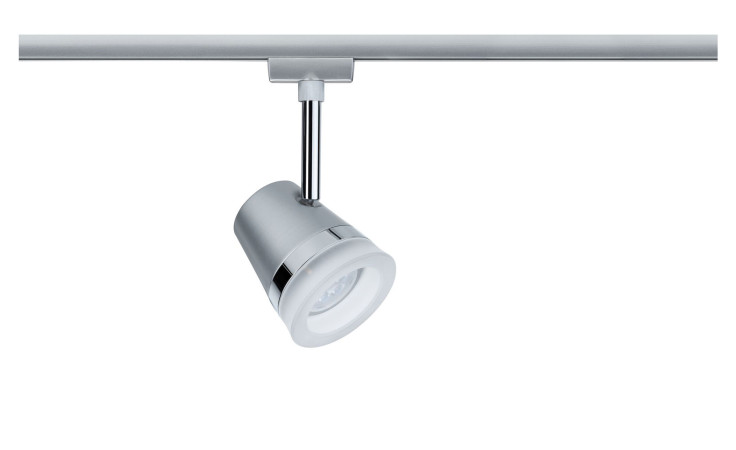 Die Spot URail 18 cm ist eine moderne silberfarbene Stromschienenleuchte mit einem zylindrischen Strahler und eleganten Metallakzenten.