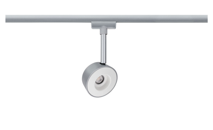 Minimalistischer silberner LED-Spot URail 18 cm, runder verstellbarer Strahler aus Kunststoff/Metall; inklusive Glühbirne.