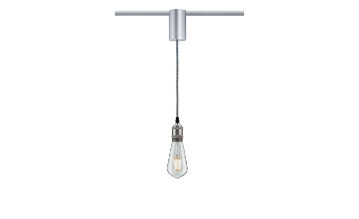 Ein Pendel-Adapter URail 10 cm mit Vintage-Glühbirne hängt an einer schwarzen Schnur von einer silberfarbenen Leuchte; Leuchtmittel inklusive.