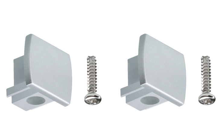 Zwei silberfarbene Endkappen 2er-Set URail mit Schrauben, montiert auf einem weißen Hintergrund.