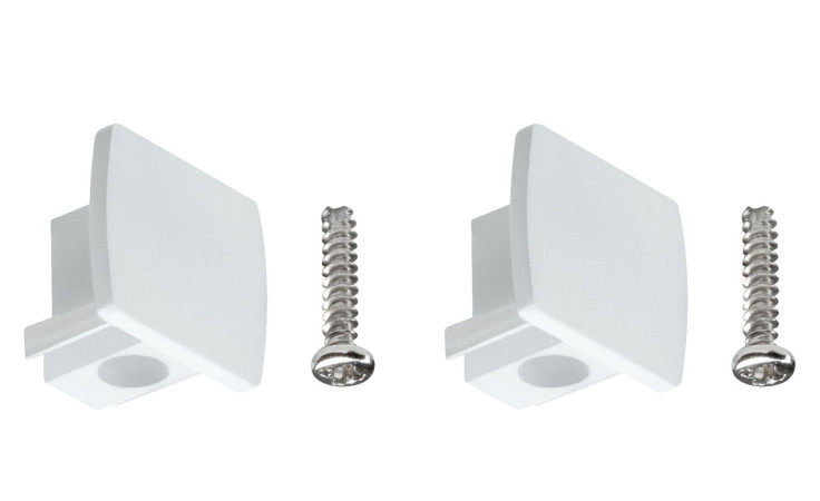 Zwei Endkappen 2er-Set URail mit passenden Schrauben, bereit für die Montage auf jeder Oberfläche.