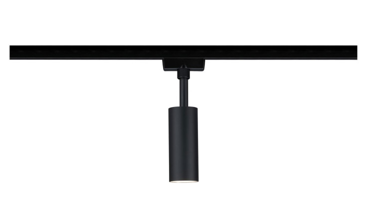 Spot URail 18 cm zylindrische Stromschienenleuchte aus Kunststoff, horizontal vor weißem Hintergrund montiert.