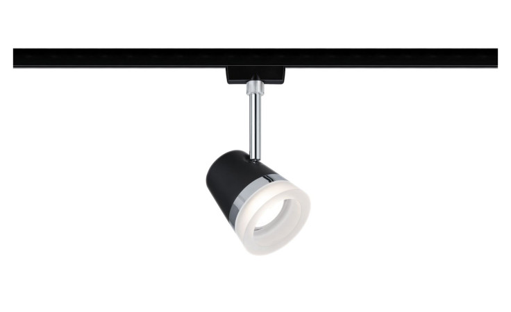 Der Spot URail 18 cm ist eine schwarze Stromschienenleuchte mit einem verstellbaren zylindrischen Strahler aus Metall und Kunststoff.