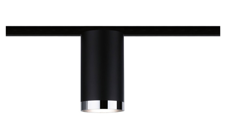 Spot URail 11 cm: schwarze zylindrische Stromschiene mit silbernem Rand, montiert auf horizontaler Schiene vor weißem Hintergrund.