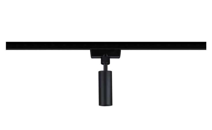 Ein schwarzer Pendel-Adapter URail 12 cm aus Kunststoff mit Leuchtmittel inklusive auf weißem Hintergrund.