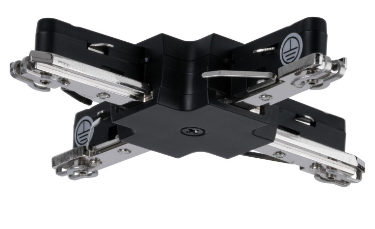 X-Verbinder URail 10 cm in schwarz und silber mit vier Armen, schwarz Metall Akzente, auf einem weißen Hintergrund.