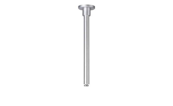 Der Schienenabhänger URail 10,5 cm ist ein silberfarbener Metallstab mit einem runden Sockel, der senkrecht auf weißem Grund steht.