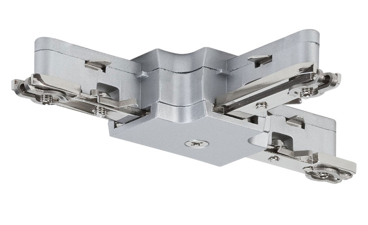 Silberner T-Verbinder URail 10 cm mit vier Armen und sichtbaren Schrauben aus der Froschperspektive.