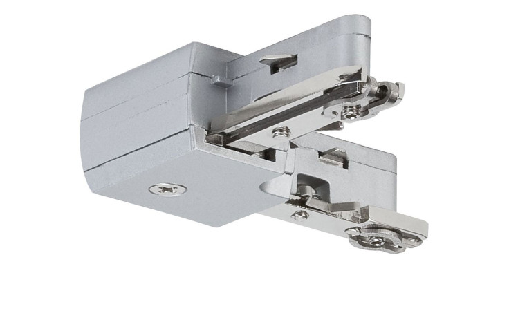 Silberfarbener L-Verbinder URail 6 cm aus Metall mit zwei flachen Armen und Montageschrauben für Möbel.