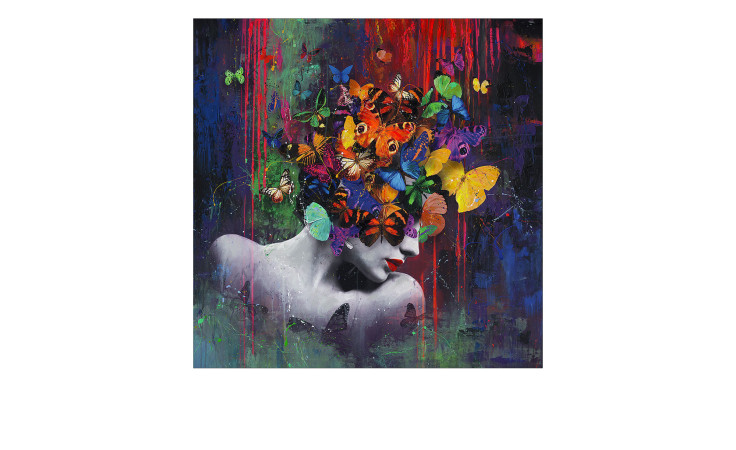 Handpainting 100 x 100 cm, Frau mit Schmetterlingen