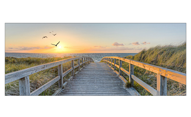 Glasbild Birds Above Lost Sea 30 x 80 cm, Strandlandschaft mit einer Brücke