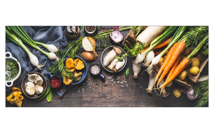 Glasbild Kitchen Utensils 30 x 80 cm, verschiedene Gemüsesorten