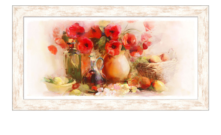 Framed-Art 69 x 129 cmm Mohnblumen mit Obst und diverse Flaschen