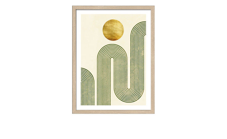 Minimalistisches Pro-Art Rahmenbild "Shapes of the Earth" 33x43cm, grüne Linien, goldener Kreis, holzfarbener Rahmen, Glasfront.
