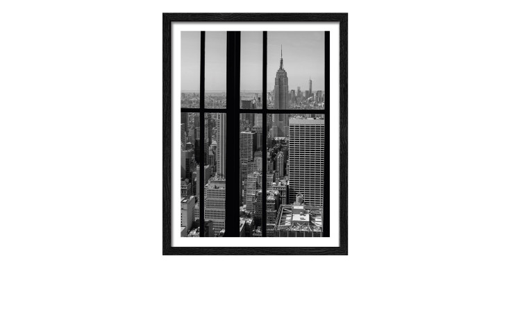 Pro-Art Rahmenbild Ansicht von Manhatten 33x43cm: Schwarz-weiße NYC-Skyline mit Empire State Building hinter Fenstergittern.