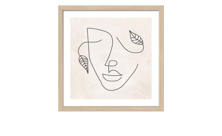 Minimalistische Strichzeichnung eines Gesichts mit Blättern, in holzfarbenem Rahmen, Pro-Art Rahmenbild Boho Style 33x33 cm.