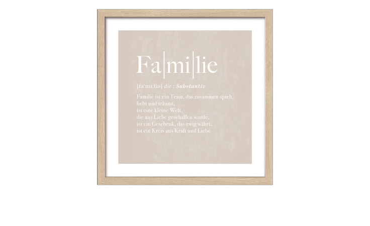Pro-Art Rahmenbild Familie 33 x 33 cm mit deutschem Text, MDF-Holzwerkstoff und Schutzglas auf beigem Hintergrund.