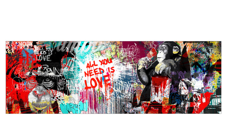 Alubild Monkey Dream von Pro-Art: Bunte Wanddeko mit zwei Schimpansen und "ALL YOU NEED IS LOVE" in Rot, 50x150 cm.