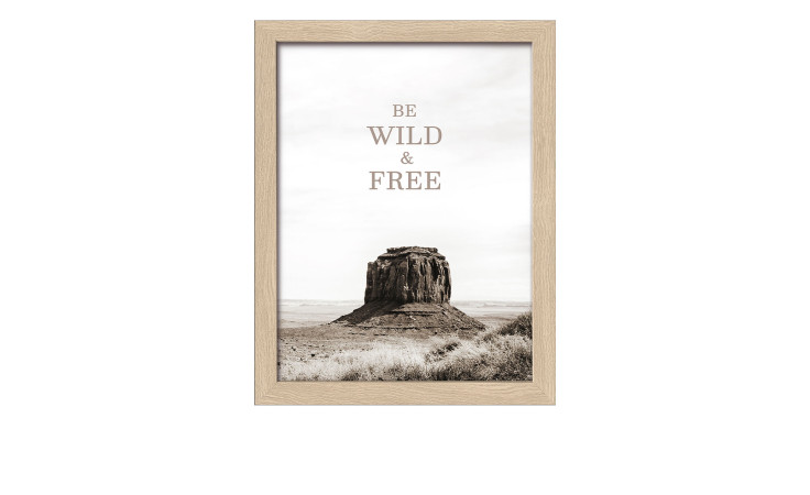 Pro-Art Rahmenbild Kunstausstellung 55x75cm: sepiafarbenes Rockfoto mit "Be Wild & Free", in Glas- und Holzwerkstoffrahmen.