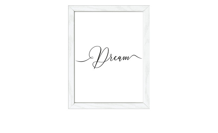 Das Pro-Art Rahmenbild Nordic Beach V (24 x 19 cm) zeigt "Dream" in schwarzer Schrift auf weißem Hintergrund mit weißem Rahmen.