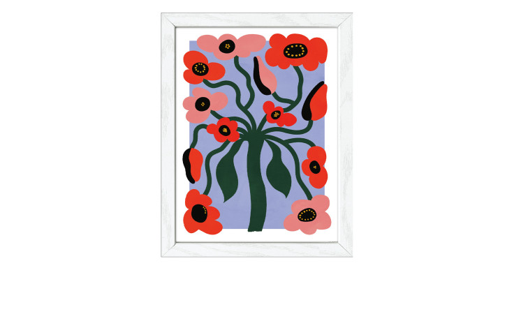 Pro-Art Rahmenbild Painted Correopsis (24x19 cm): Abstrakte rote und rosa Blüten mit grünen Stielen auf hellviolettem MDF.