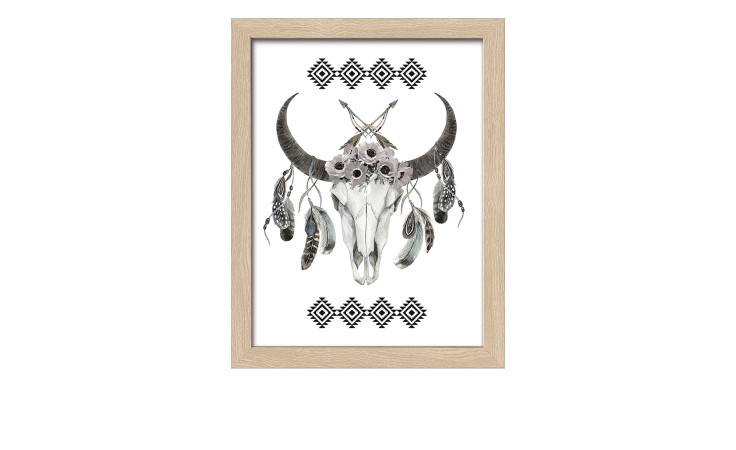 Pro-Art Rahmenbild Stay Wild II 24 x 19 cm: Stierschädel mit Federn, Blumen und Mustern auf MDF, weißer Hintergrund.