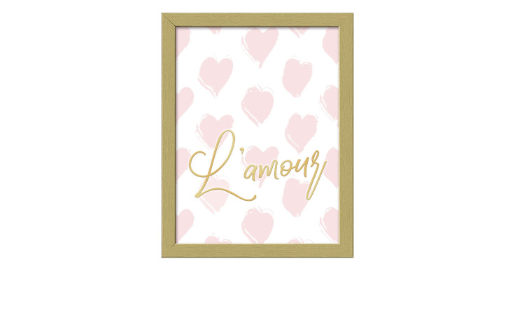 Pro-Art Rahmenbild L'amour 24 x 19 cm: rosa Herzen, "L'amour" in Gold auf Weiß, Rahmen aus Glas/Holzwerkstoff.