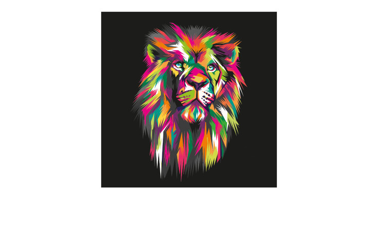 Pro-Art Alubild Colorful Lion Head 98x98 cm zeigt einen lebendigen, abstrakten Löwenkopf mit Regenbogenfarben auf Schwarz.