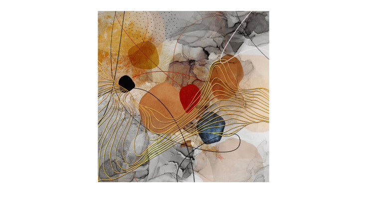 Pro-Art Alubild Linien und Formen 50x50cm: Abstrakte goldene Linien, mehrfarbige Formen auf marmoriertem grau-weißem Hintergrund.