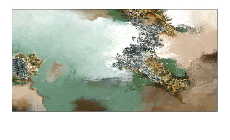 Pro-Art Handgemälde Green Experiment (60x120 cm): Abstraktes Gemälde mit strukturierten, wolkenartigen Wirbeln in Grün, Beige, Weiß und Braun.