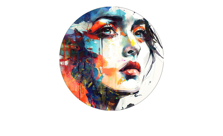 Pro-Art Alubild Bunte Frau Gesicht 98 cm: Abstraktes, mehrfarbiges Porträt in einem runden Rahmen auf Weiß.