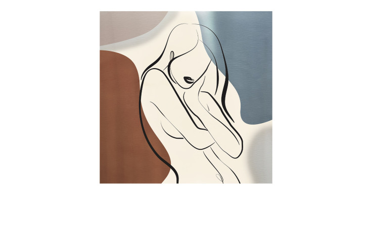 Pro-Art Alubild Strichkunst Frau 50x50 cm: Akt-Linienkunst mit einem mehrfarbigen abstrakten Hintergrund in Braun-, Beige- und Blautönen.
