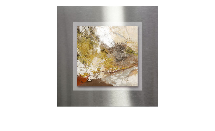 Das Pro-Art Alubild Braun-Silber-Gold 50x50cm zeigt abstrakte Kunst in Erdtönen mit einem gebürsteten silbernen Metallrahmen.