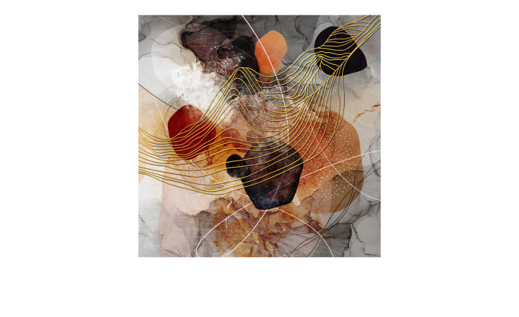 Pro-Art Alubild Linien und Formen 50x50cm: Wirbelnde goldene Linien, kräftige Farben, metallische Akzente auf strukturiertem Grau-Beige.