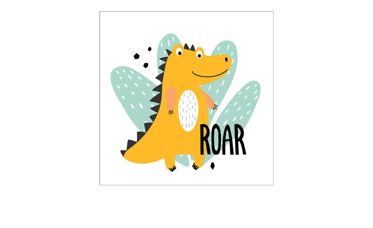 Das Pro-Art Leinwandbild Dinos 30 x 30 cm zeigt einen gelben Dinosaurier mit "ROAR"-Text vor bunten Blättern.