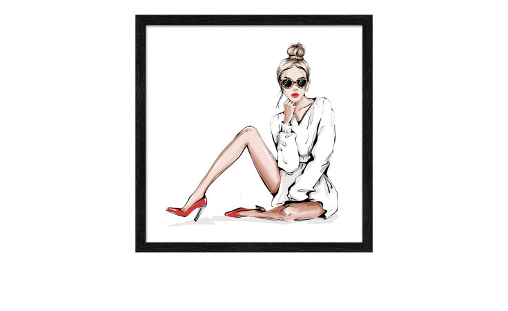 Stylische Frau mit Sonnenbrille, weißem Kleid und roten Absätzen. Pro-Art Rahmenbild Fashion Show, 33x33cm, schwarzer Rahmen.