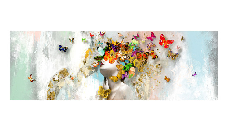 Pro-Art Alubild "Schmetterlinge im Gesicht" (50x150cm): ein surreales, buntes Wanddeko-Porträt einer Frau.