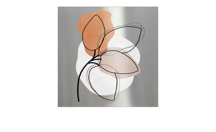 Pro-Art Alubild Line Art Leaves 50x50 cm zeigt schwarze, pfirsichfarbene und weiße Blattformen auf einem silbermetallischen Hintergrund.